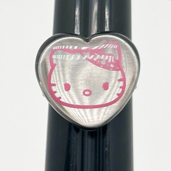 Silver Tone Heart Shaped Ring With Pink Hello Kitty Face Adjustable Size 7 - Picture 1 of 3